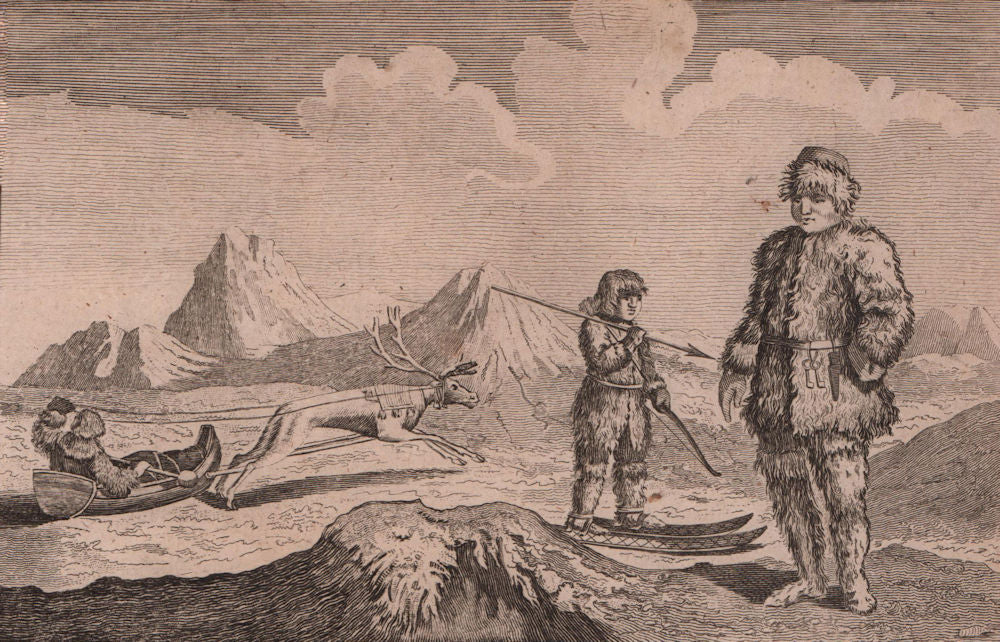 Dress of the Laplanders with their method of Travelling. PAYNE 1798 old print